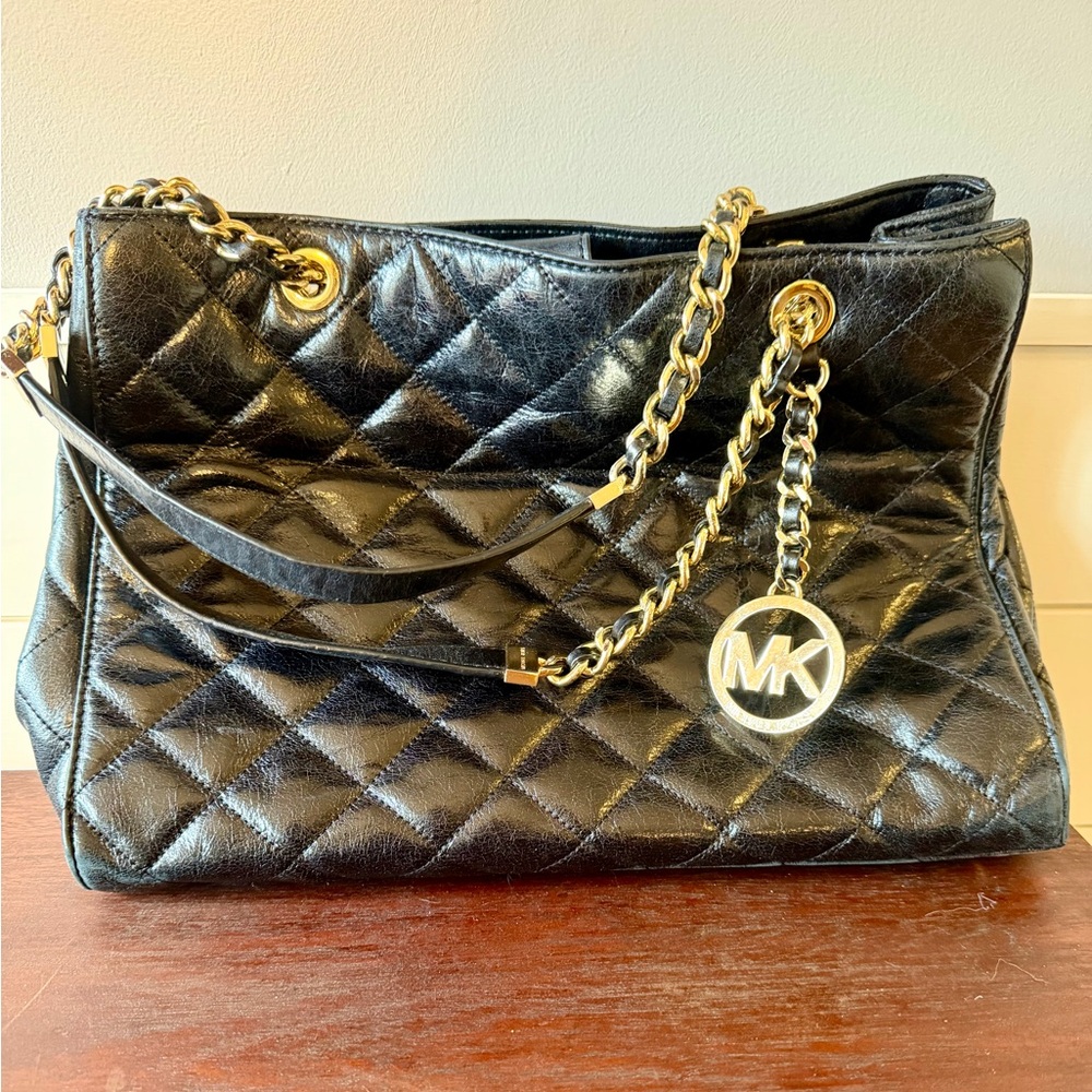 Michael Kors Black Quilted Shoulder Bag with Gold Accents